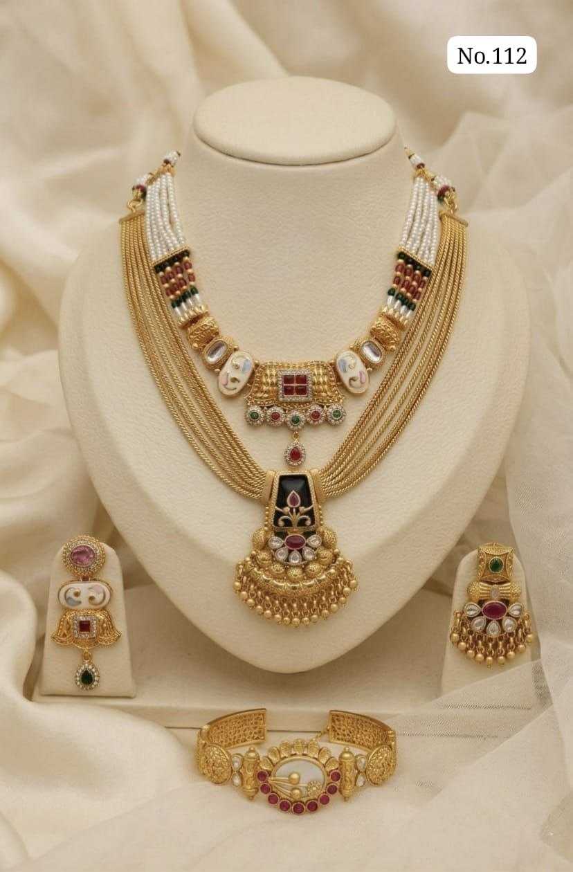 Rajwadi Pearl and Chain Layered Necklace Set with Bracelet