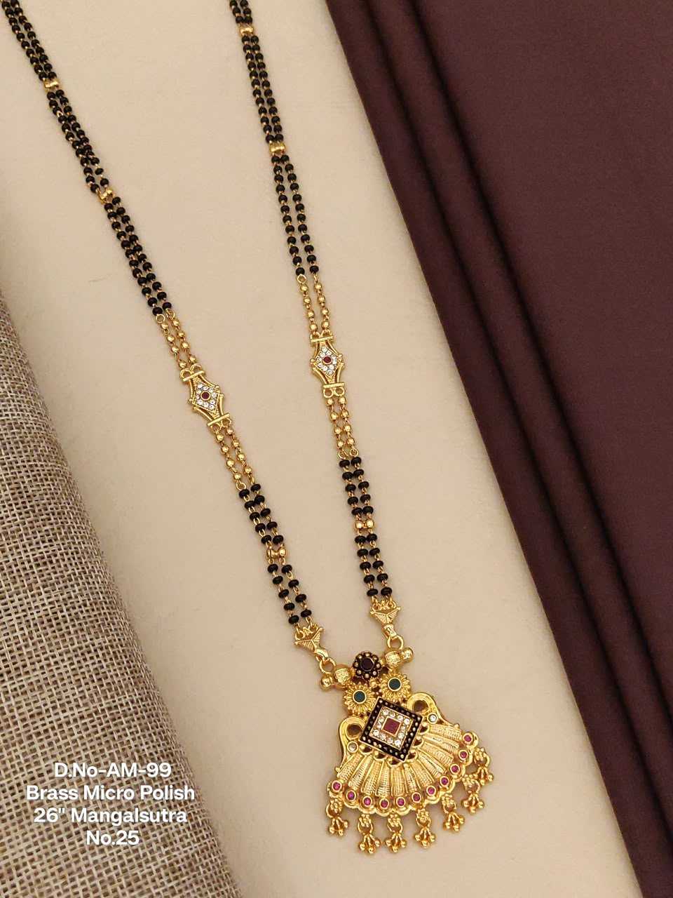 Rajwadi Pendant Mangalsutra with Square Stone and Gold Bead Fringe
