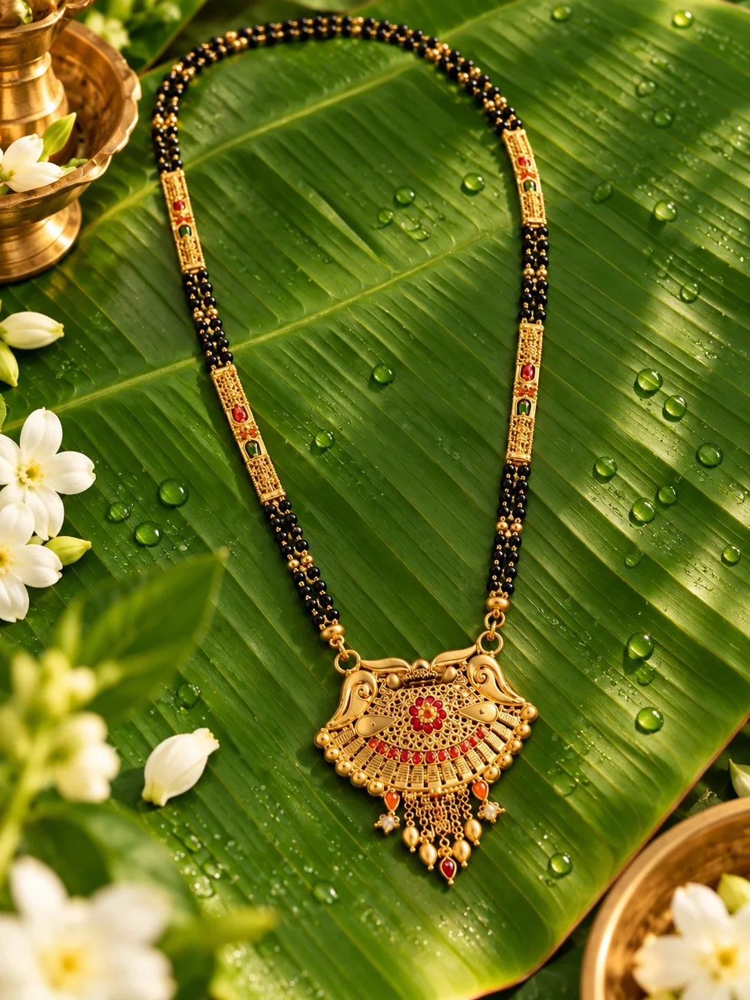Long black bead mangalsutra laid on a banana leaf