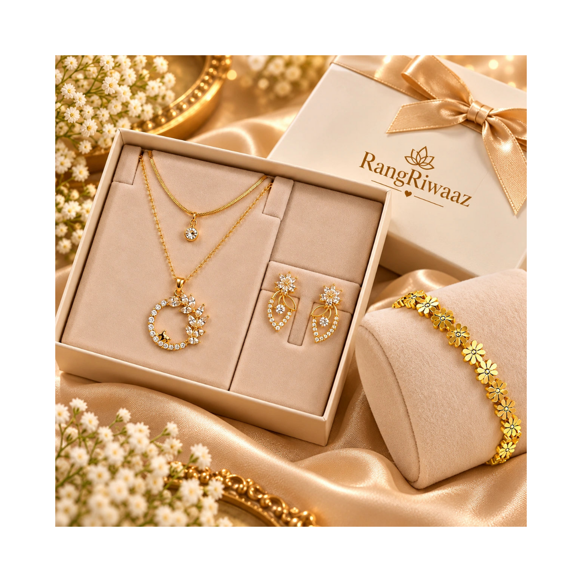Floral Combo: Layered Pendant Set with Earrings & Daisy Bracelet