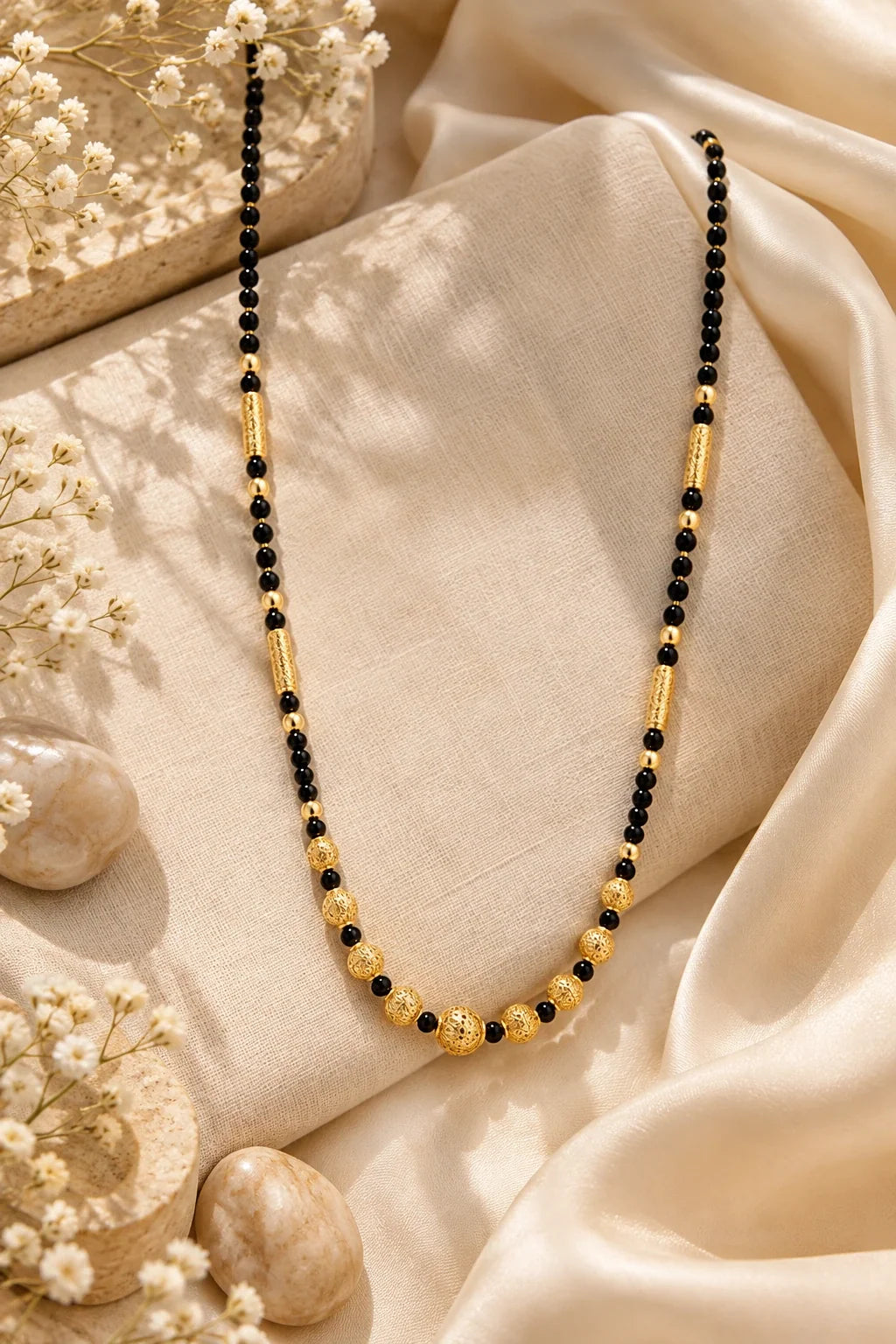 Short black bead mangalsutra laid on cream satin