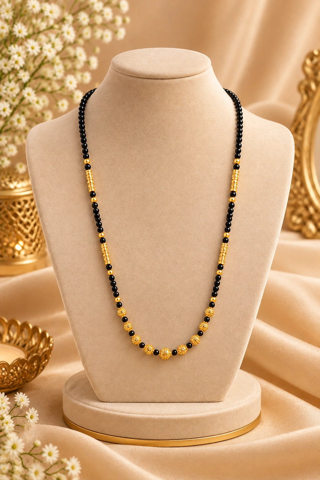 Traditional Daily Wear Black Beaded Gold-Plated Short Mangalsutra for Women
