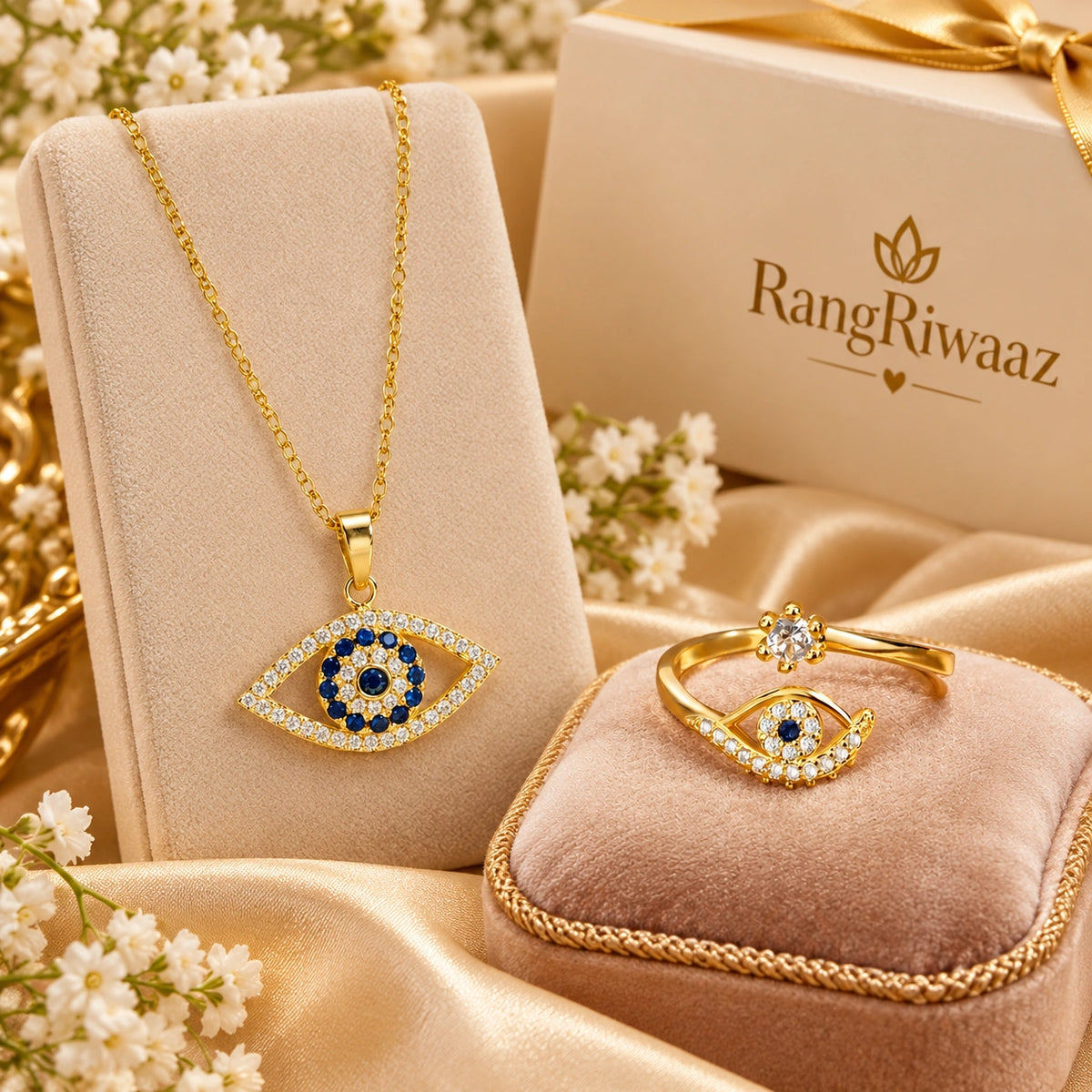 Evil Eye Combo: American Diamond Pendant Necklace & Evil Eye Ring