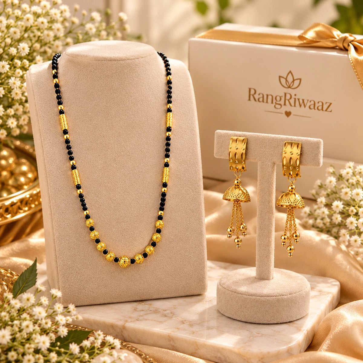 Daily Wear Combo: Short Black Bead Mangalsutra & Jhumka Earrings