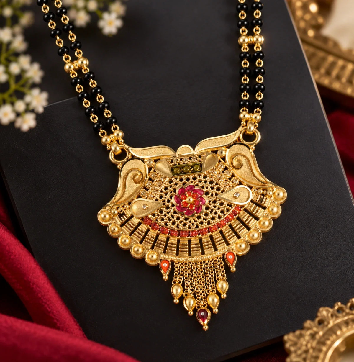Close-up of the fan-shaped pendant with red accents on black velvet