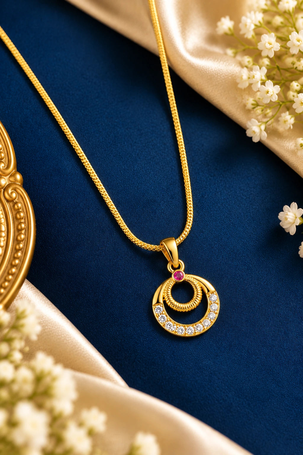 Gold-Plated Daily Wear Double Circle Pendant Chain with Ruby Stone