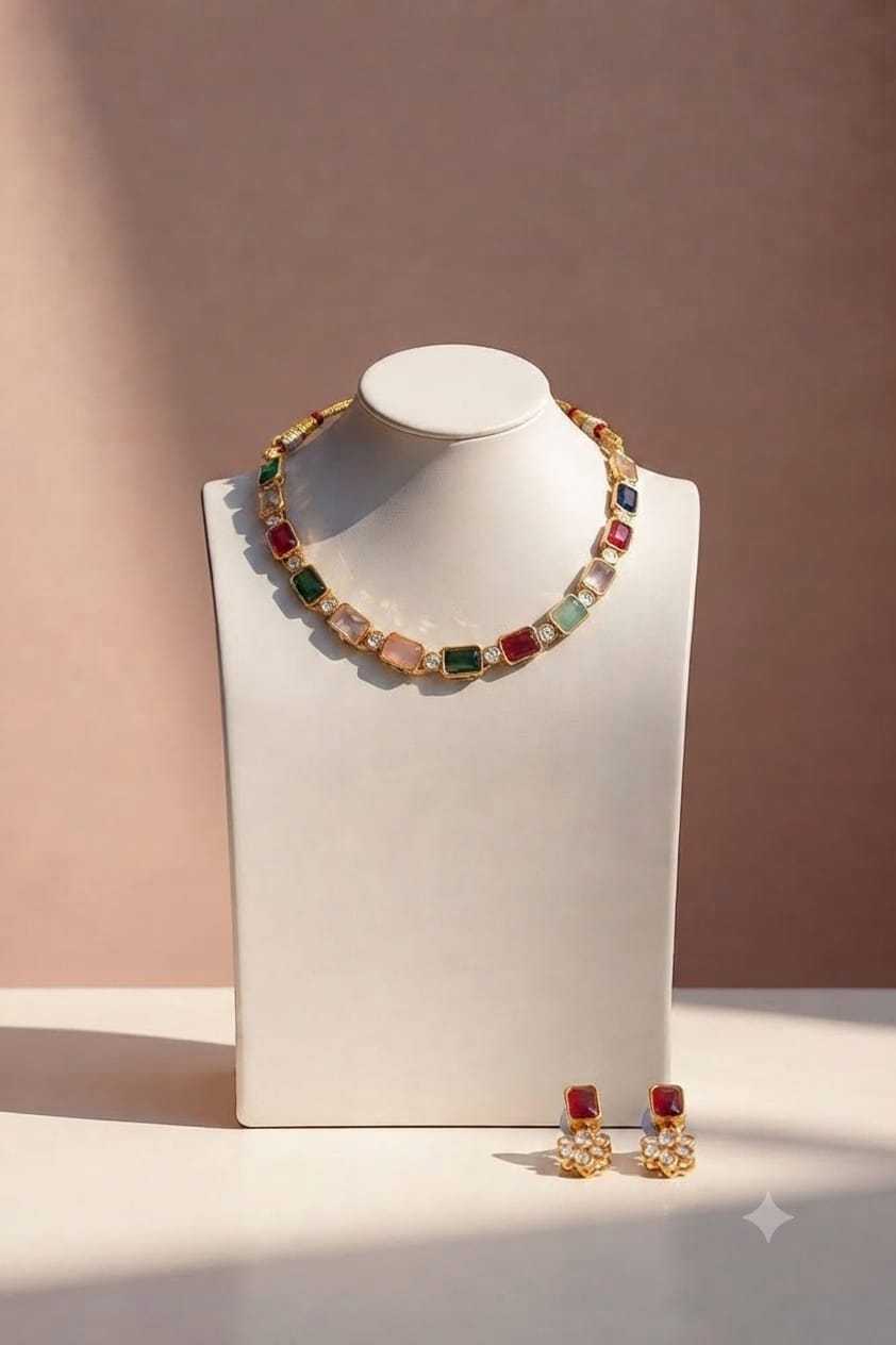 Rectangular Cut Crystal Choker in Multicolour