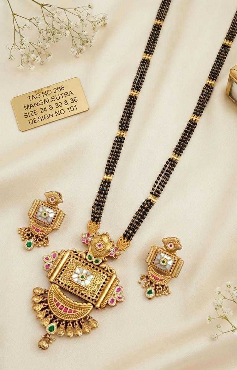 Rectangular Kundan Pendant Long Mangalsutra Set with Ruby Crescent