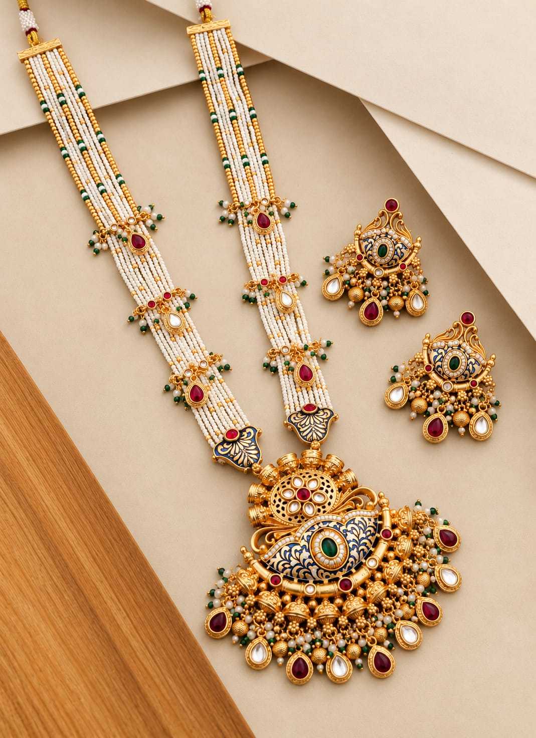 Rice Pearl Rani Haar with Meenakari Crescent Pendant and Earrings