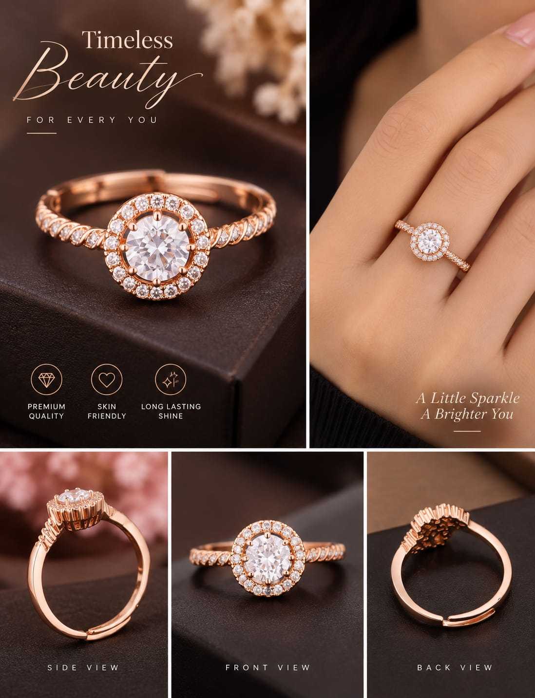 Rose Gold Adjustable CZ Ring in Halo and Cluster Designs