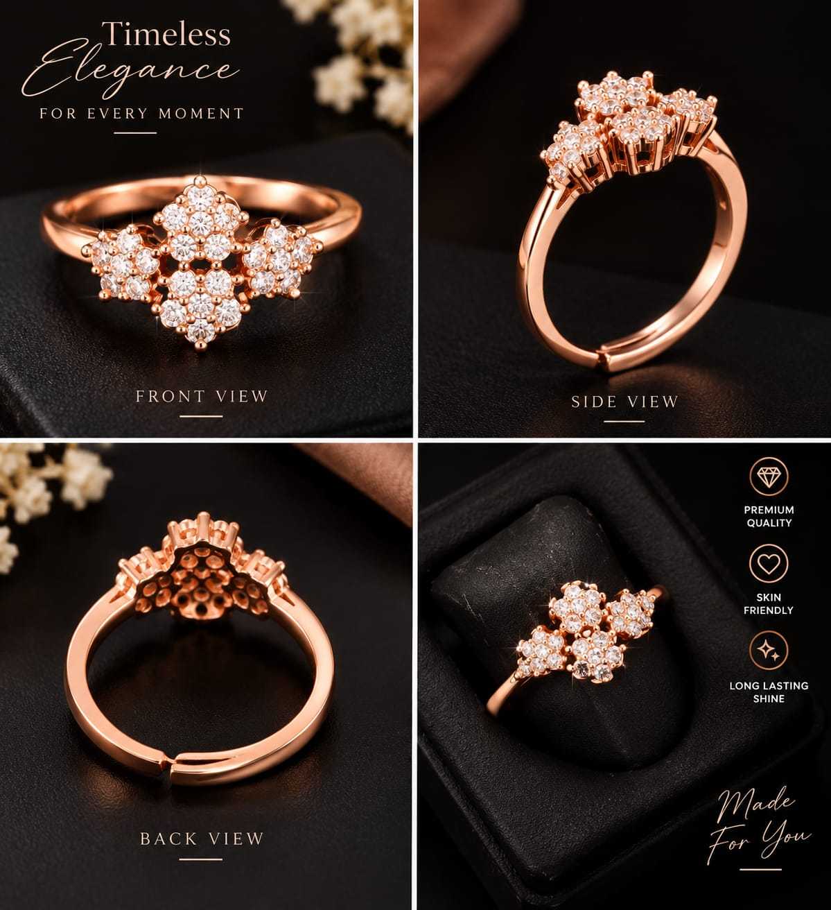 Rose Gold Adjustable CZ Ring in Halo and Cluster Designs