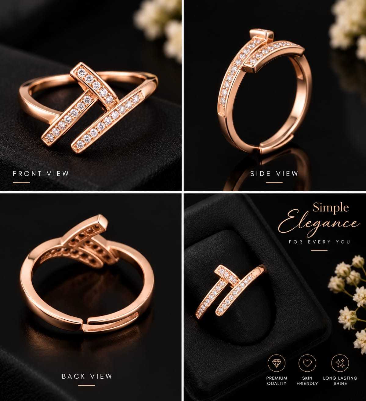Rose Gold Adjustable CZ Ring in Halo and Cluster Designs