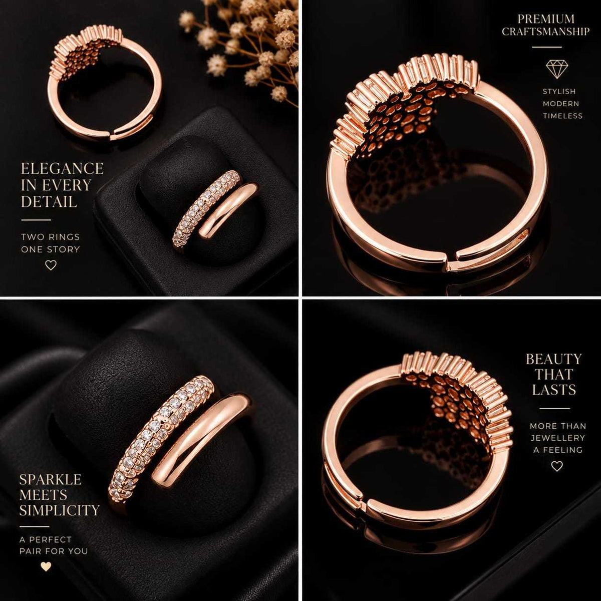 Rose Gold Adjustable CZ Ring in Halo and Cluster Designs