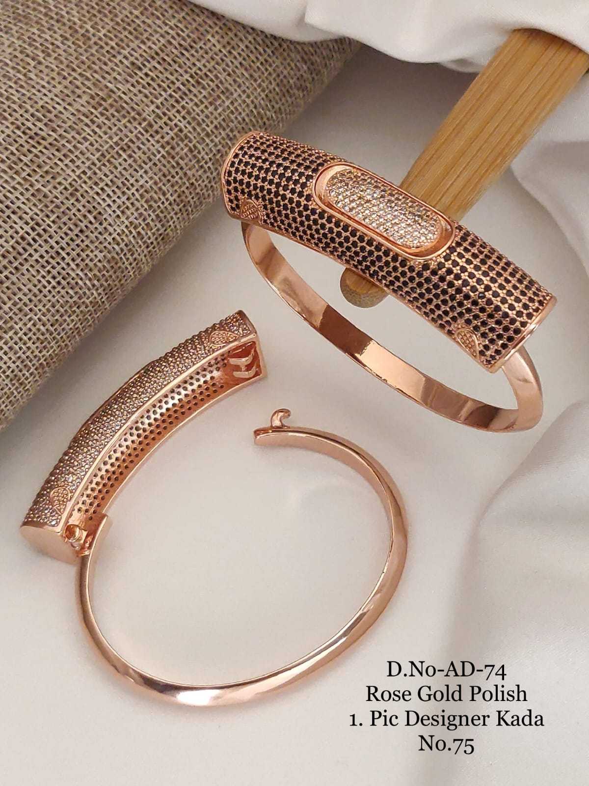 Rose Gold Pave AD Bar Kada with Black Stone Accent