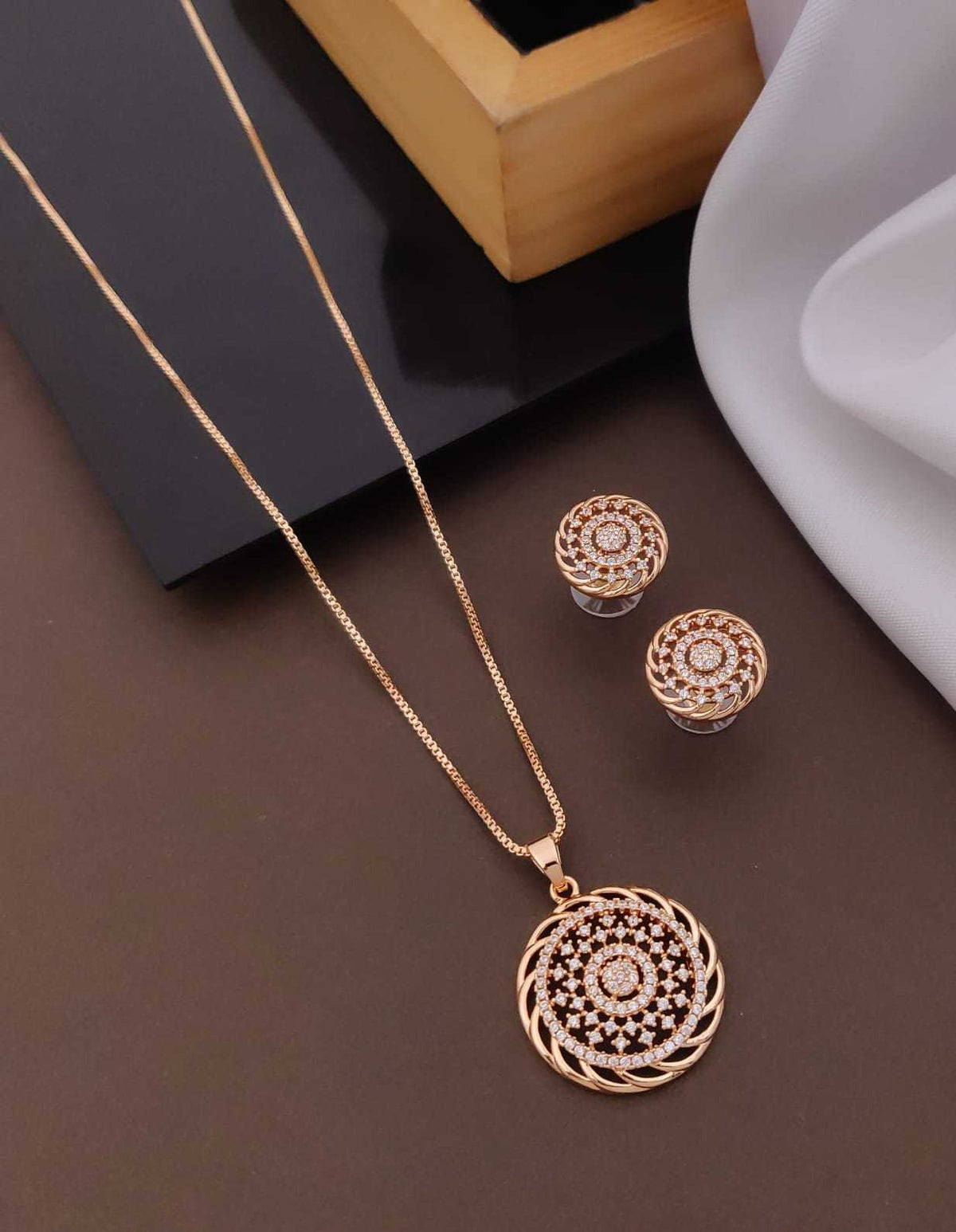Rose Gold-Tone AD Pendant Set with Stud Earrings and Box Chain