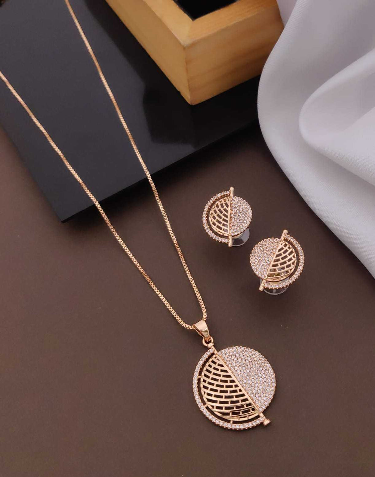 Rose Gold-Tone AD Pendant Set with Stud Earrings and Box Chain