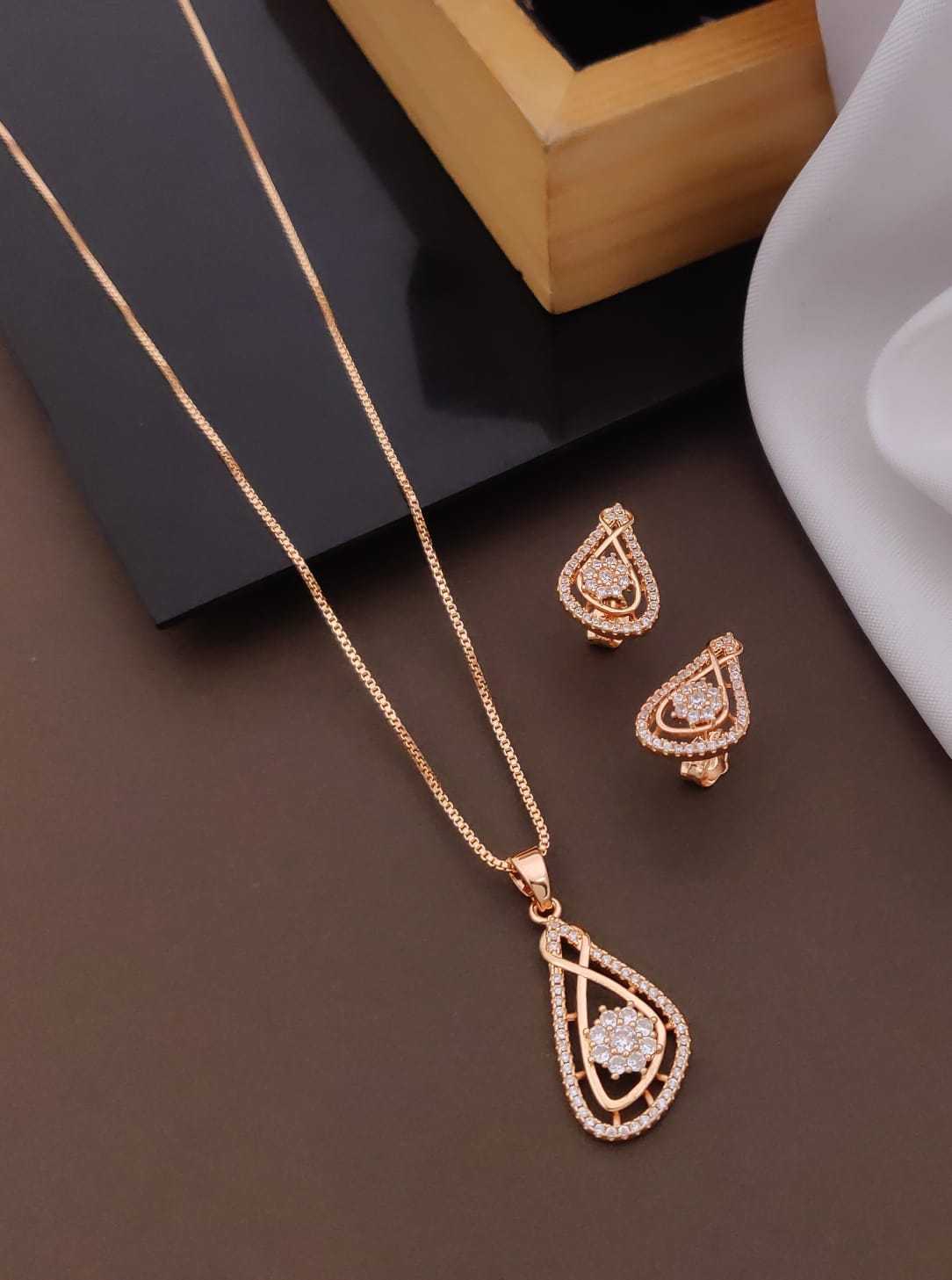 Rose Gold-Tone AD Pendant Set with Stud Earrings and Box Chain