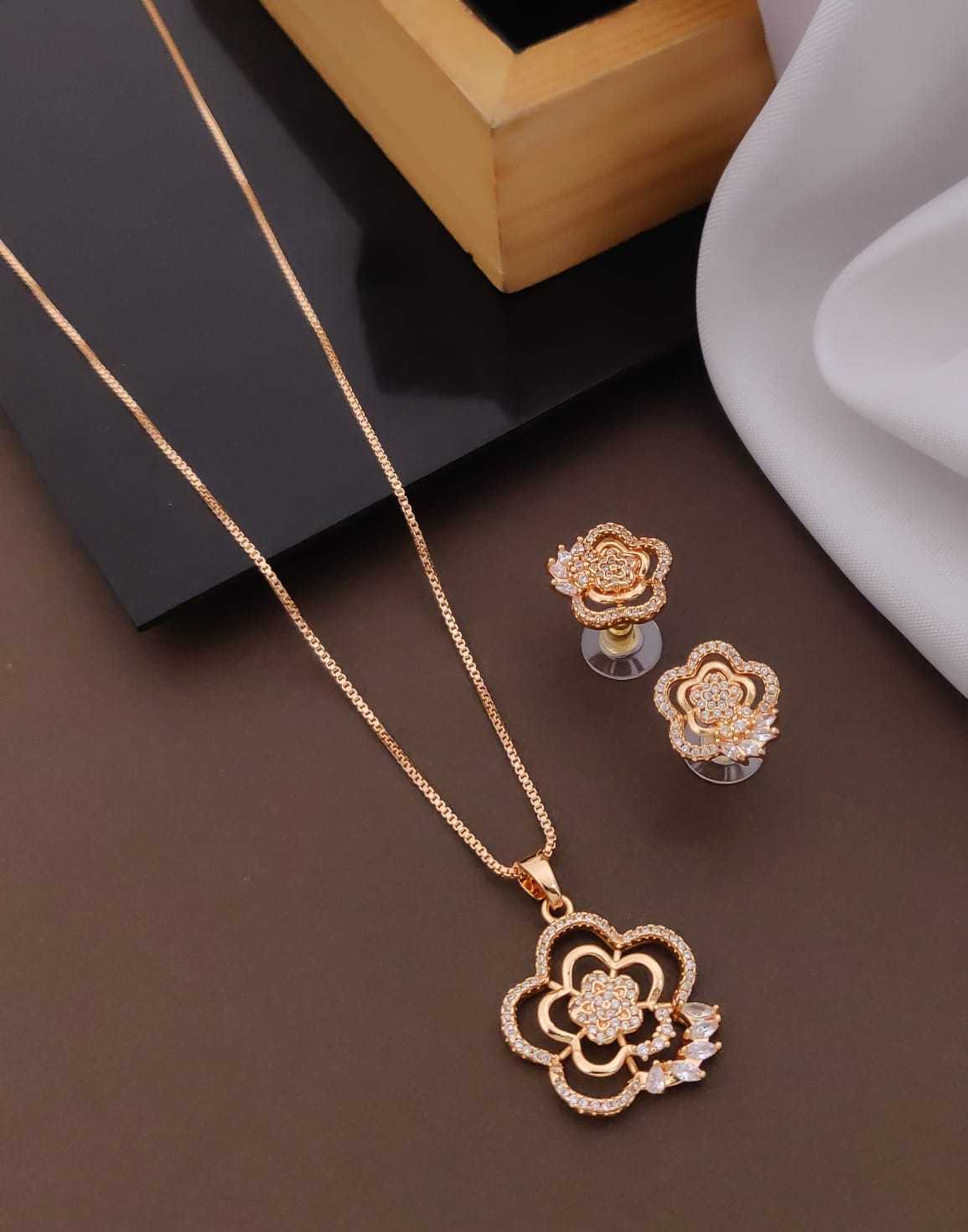 Rose Gold-Tone AD Pendant Set with Stud Earrings and Box Chain
