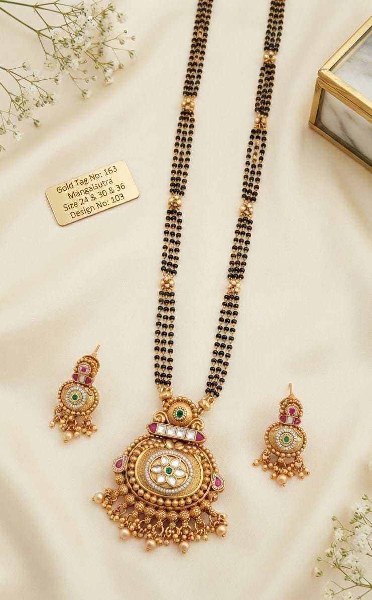 Round Floral Kundan Pendant Long Mangalsutra Set with Bead Fringe