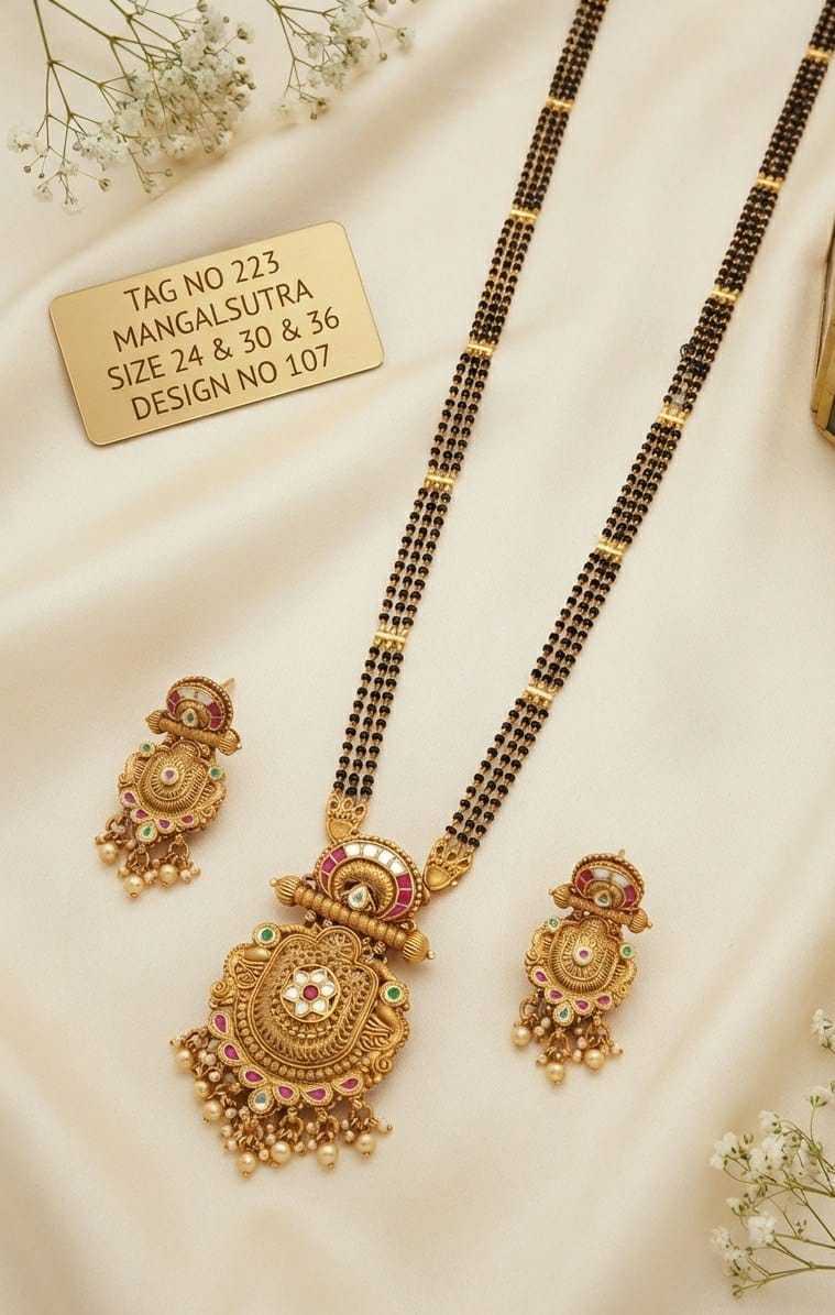 Round Kundan Flower Pendant Long Mangalsutra with Ruby Arch