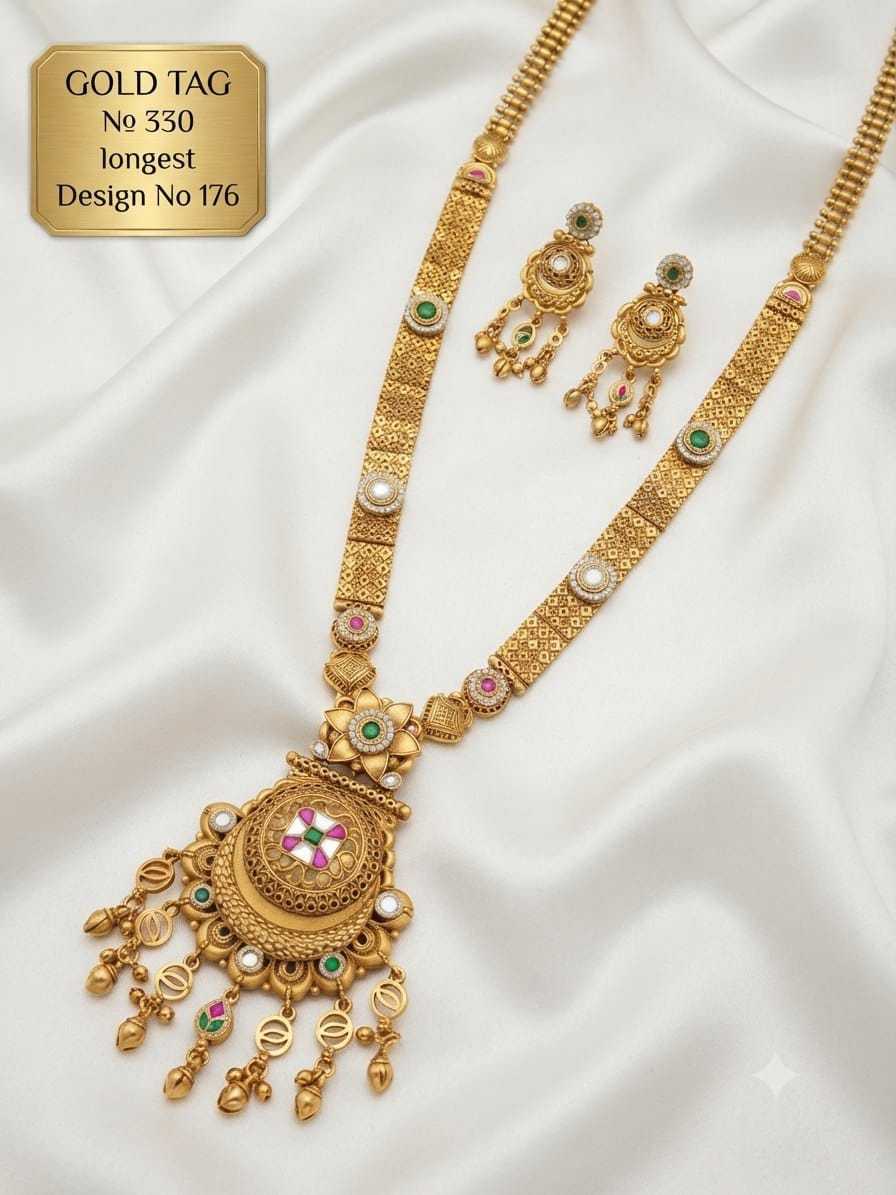 Round Kundan Flower Pendant Long Necklace with Scroll Drops