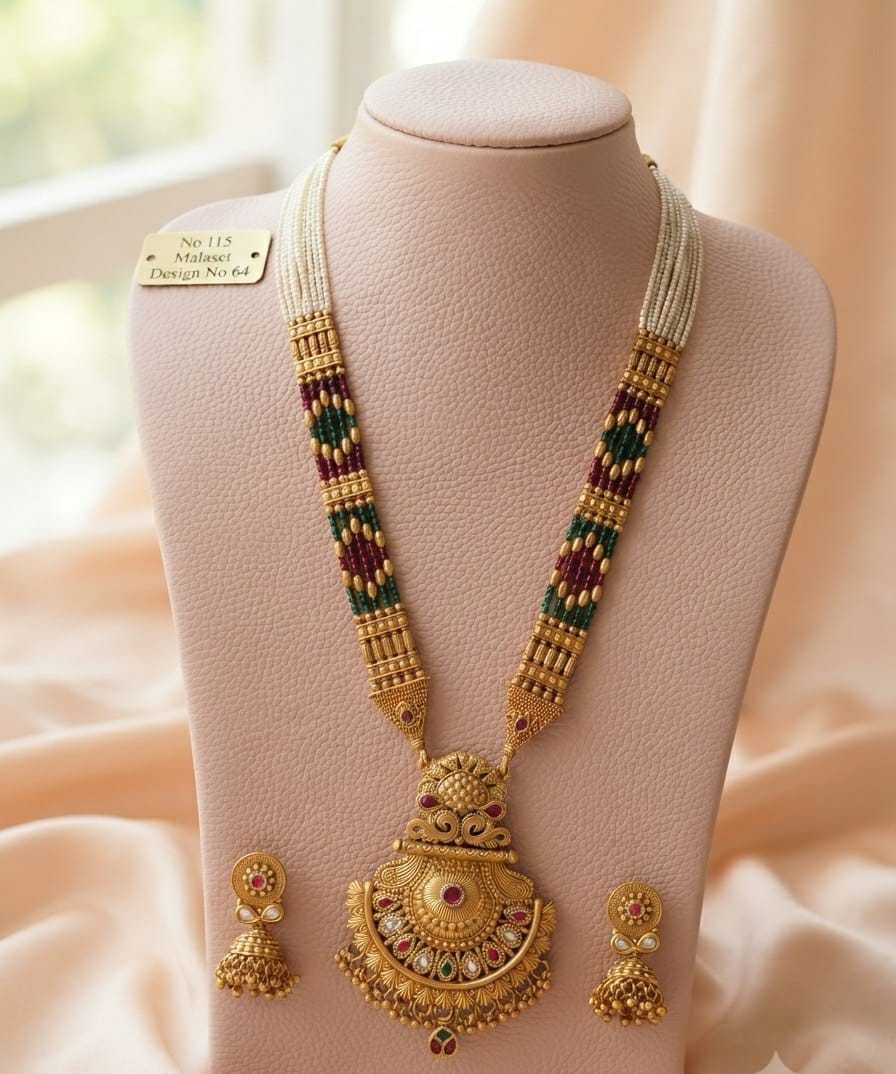 Ruby and Green Bead Mala Necklace with Crescent Pendant and Jhumkas