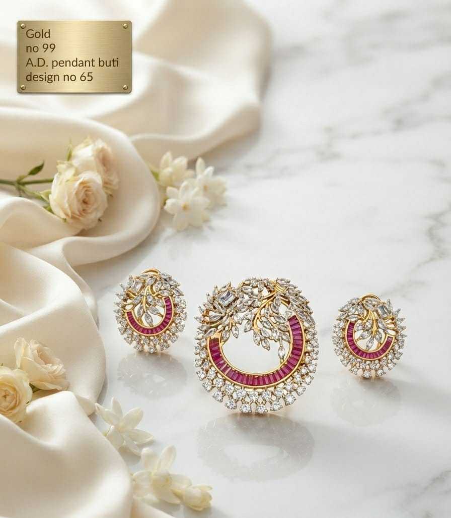 Ruby Baguette Crescent AD Pendant Set with Leaf Spray