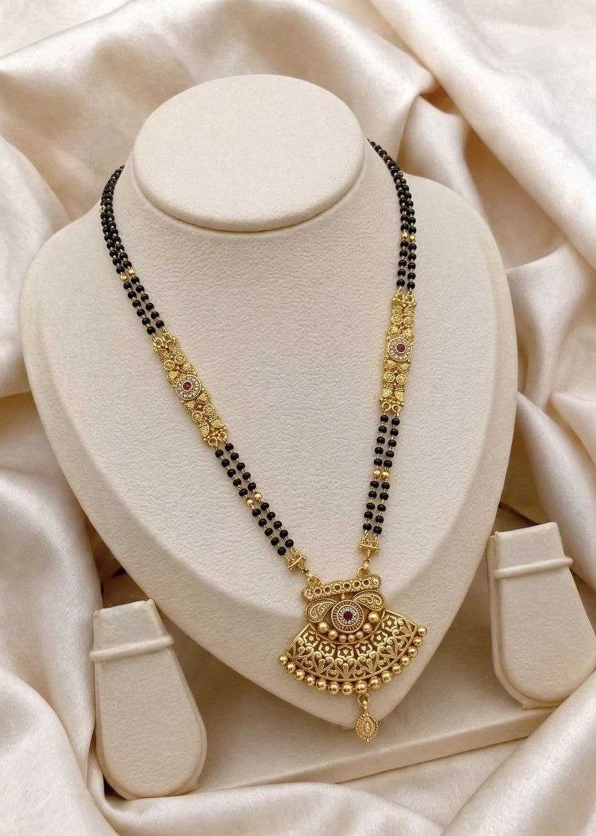 Ruby CZ Fan Pendant Mangalsutra on Bead Chain