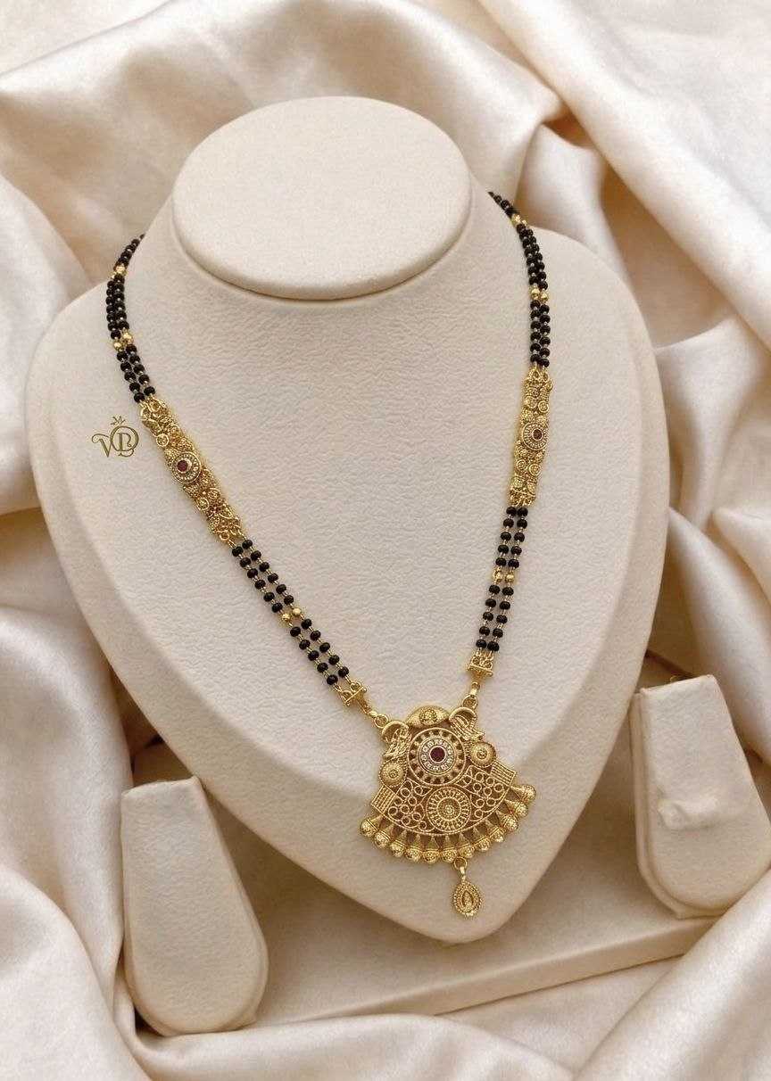 Ruby CZ Fan Pendant Mangalsutra on Bead Chain