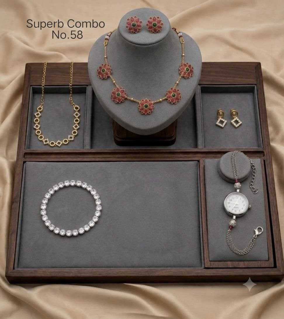 Ruby Flower Necklace Combo with Tennis Bracelet and Silver-Tone Watch