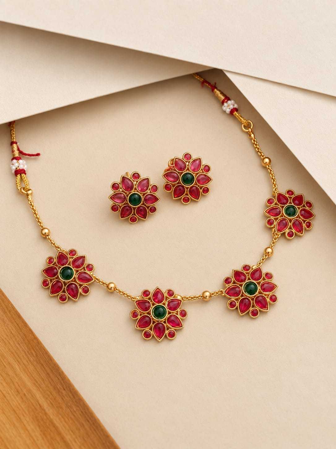 Ruby Petal Flower Necklace Set with Green Centre Stones