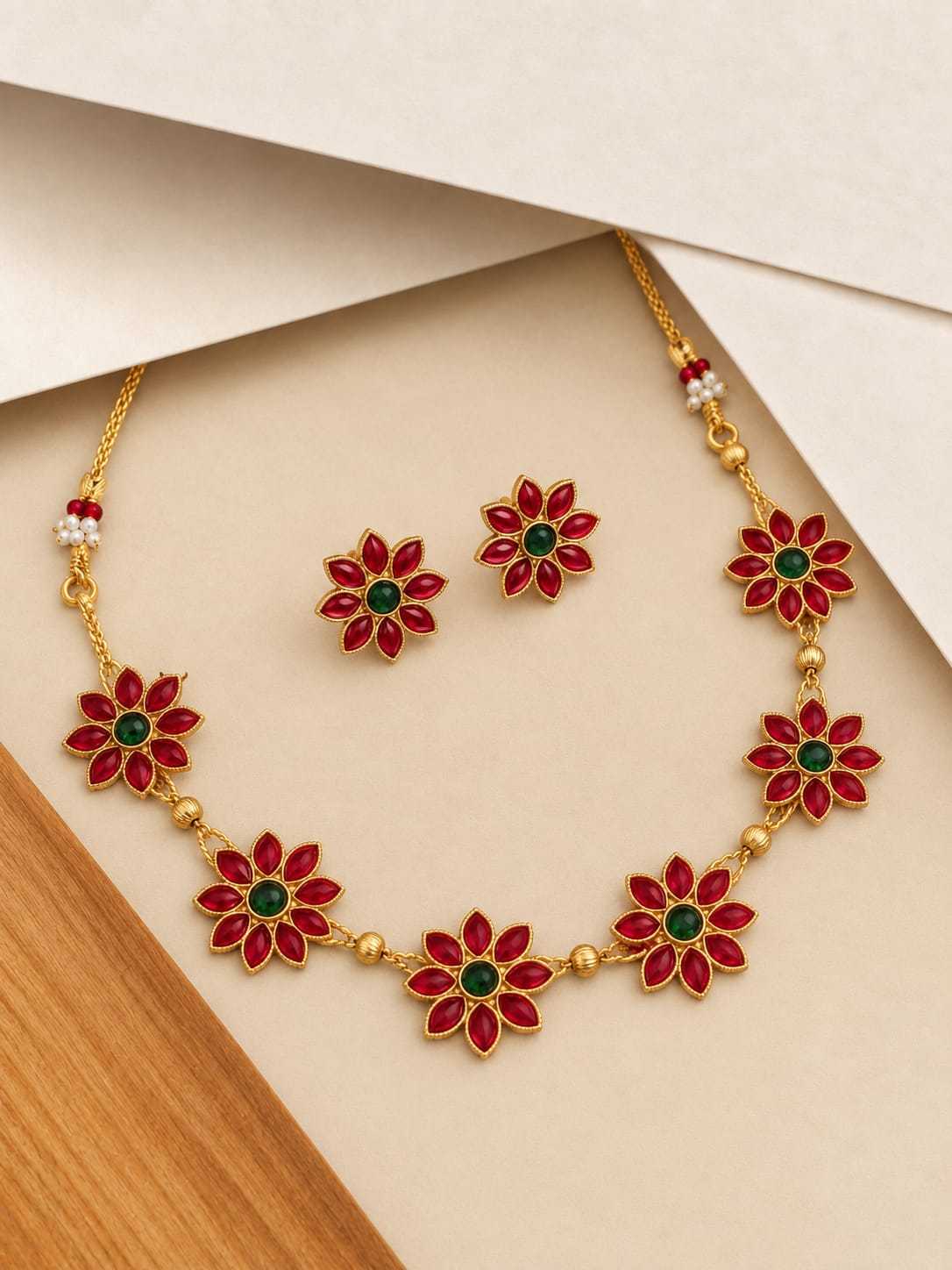 Ruby Petal Flower Necklace Set with Green Centre Stones