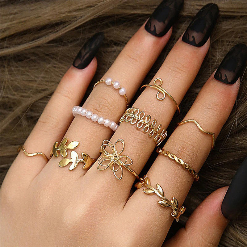 Set of 10 Gold-Plated Floral & Pearl Adjustable Rings