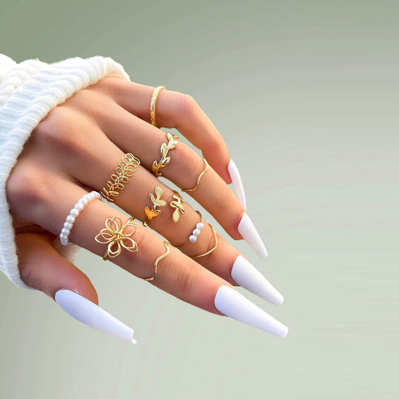 Set of 10 Gold-Plated Floral & Pearl Adjustable Rings