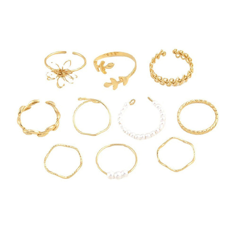 Set of 10 Gold-Plated Floral & Pearl Adjustable Rings