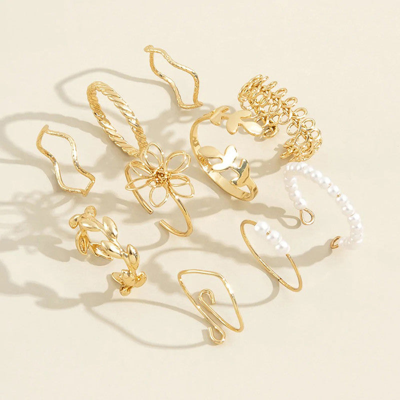 Set of 10 Gold-Plated Floral & Pearl Adjustable Rings