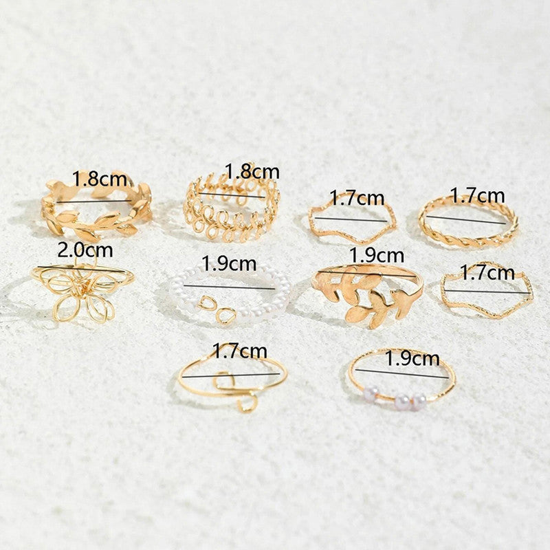 Set of 10 Gold-Plated Floral & Pearl Adjustable Rings