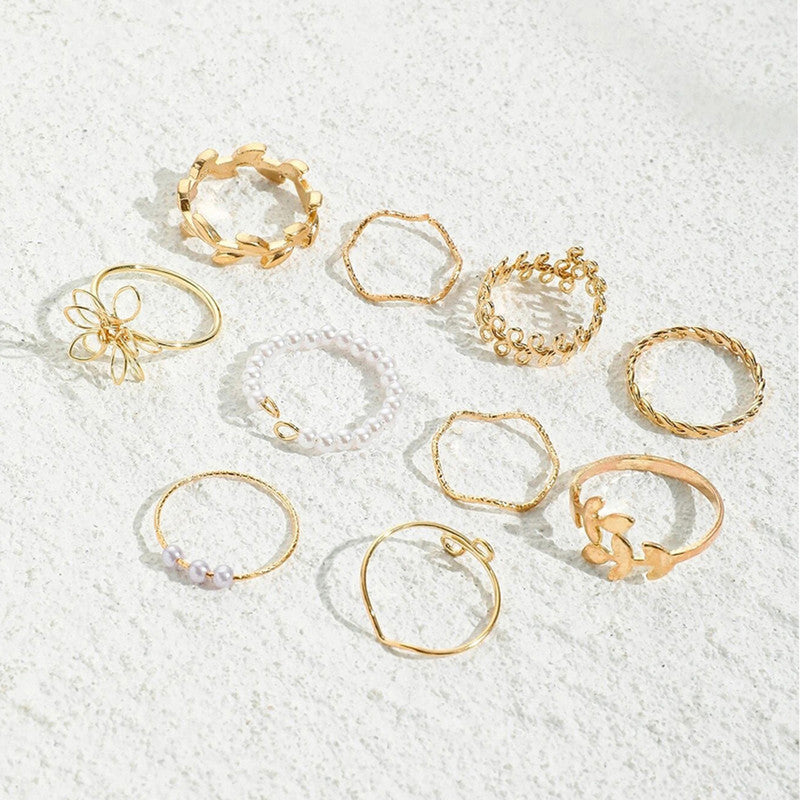 Set of 10 Gold-Plated Floral & Pearl Adjustable Rings