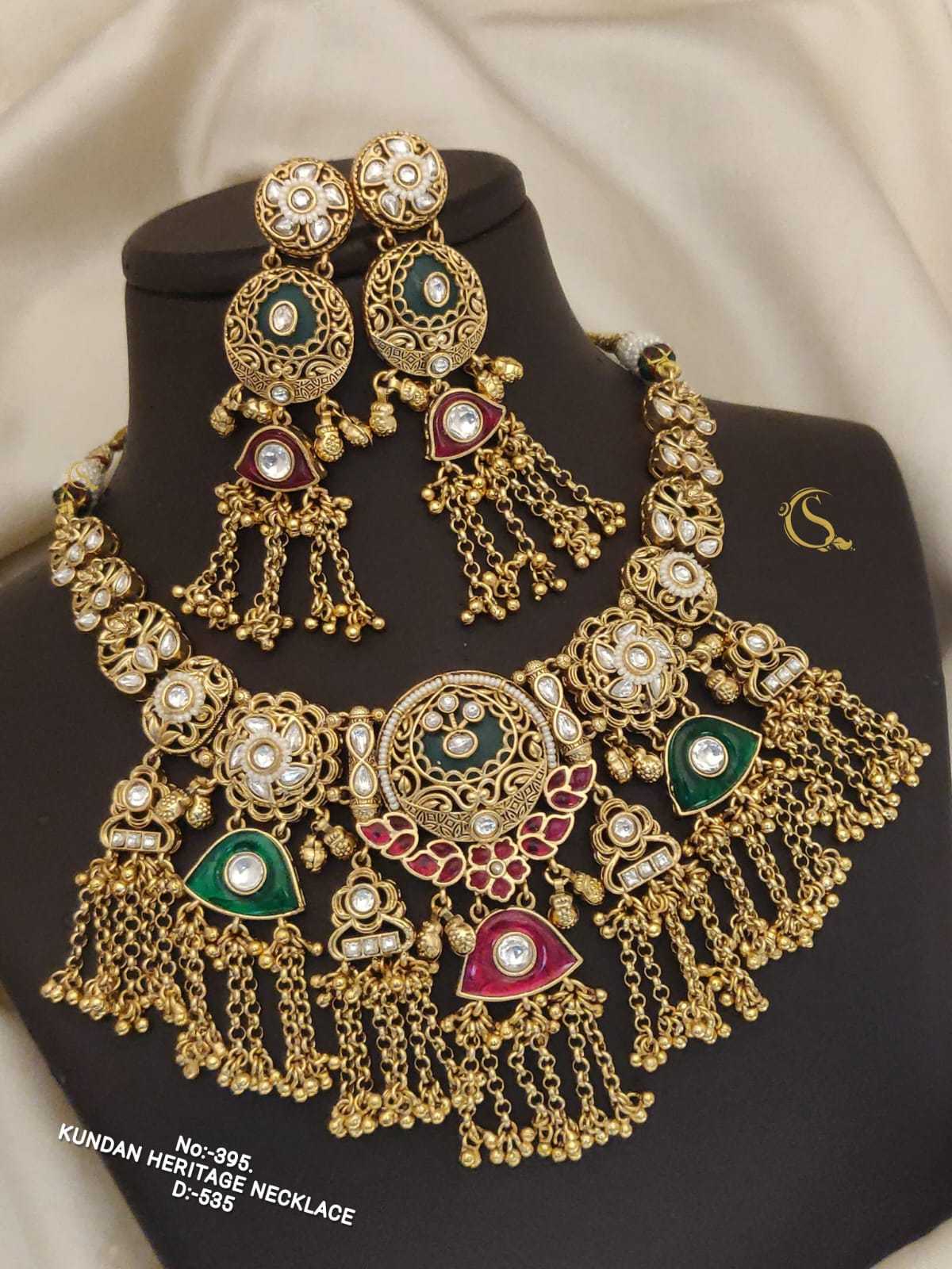 Shield Drop Kundan Necklace Set in Emerald Green and Ruby Pink