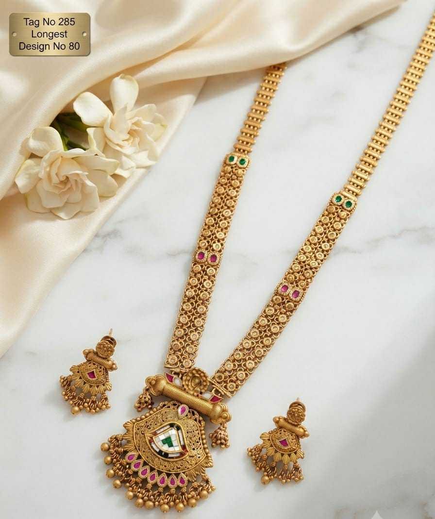 Shield Pendant Long Haram Set with Green Enamel Kundan Centre