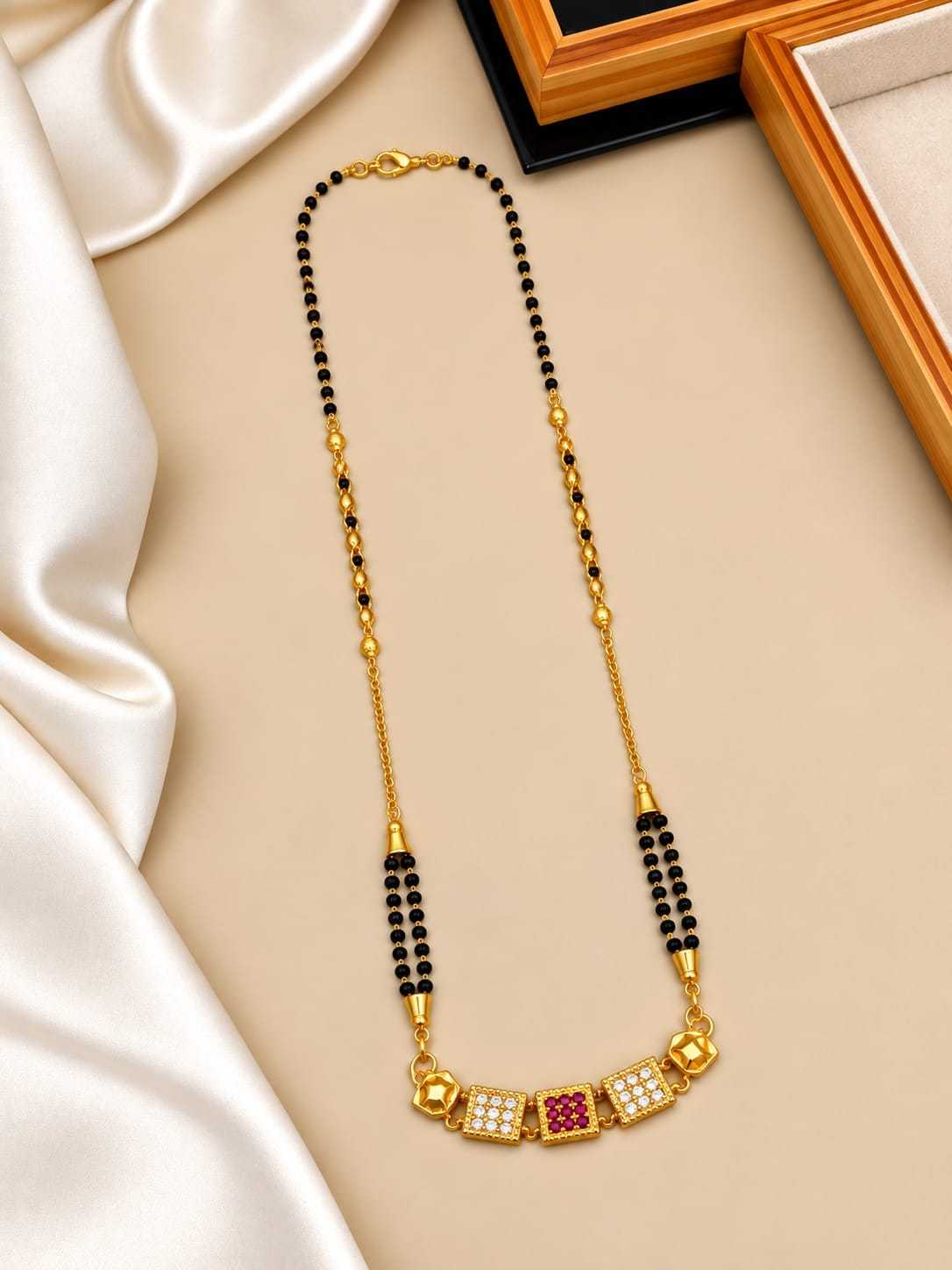 Short AD Stone Mangalsutra with Twin Black Bead Lines