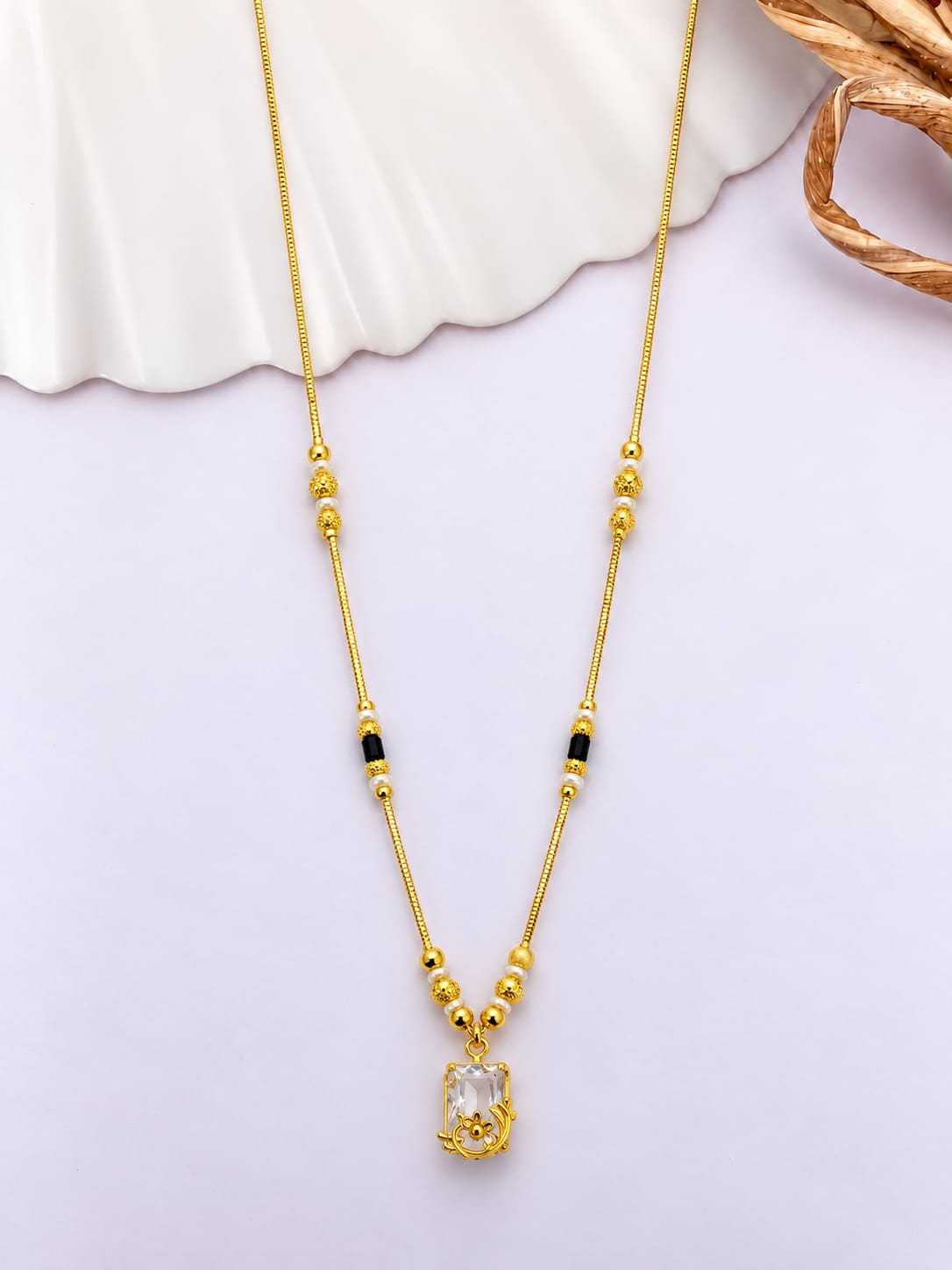 Short Mangalsutra with Crystal Pendant in Gold Frame