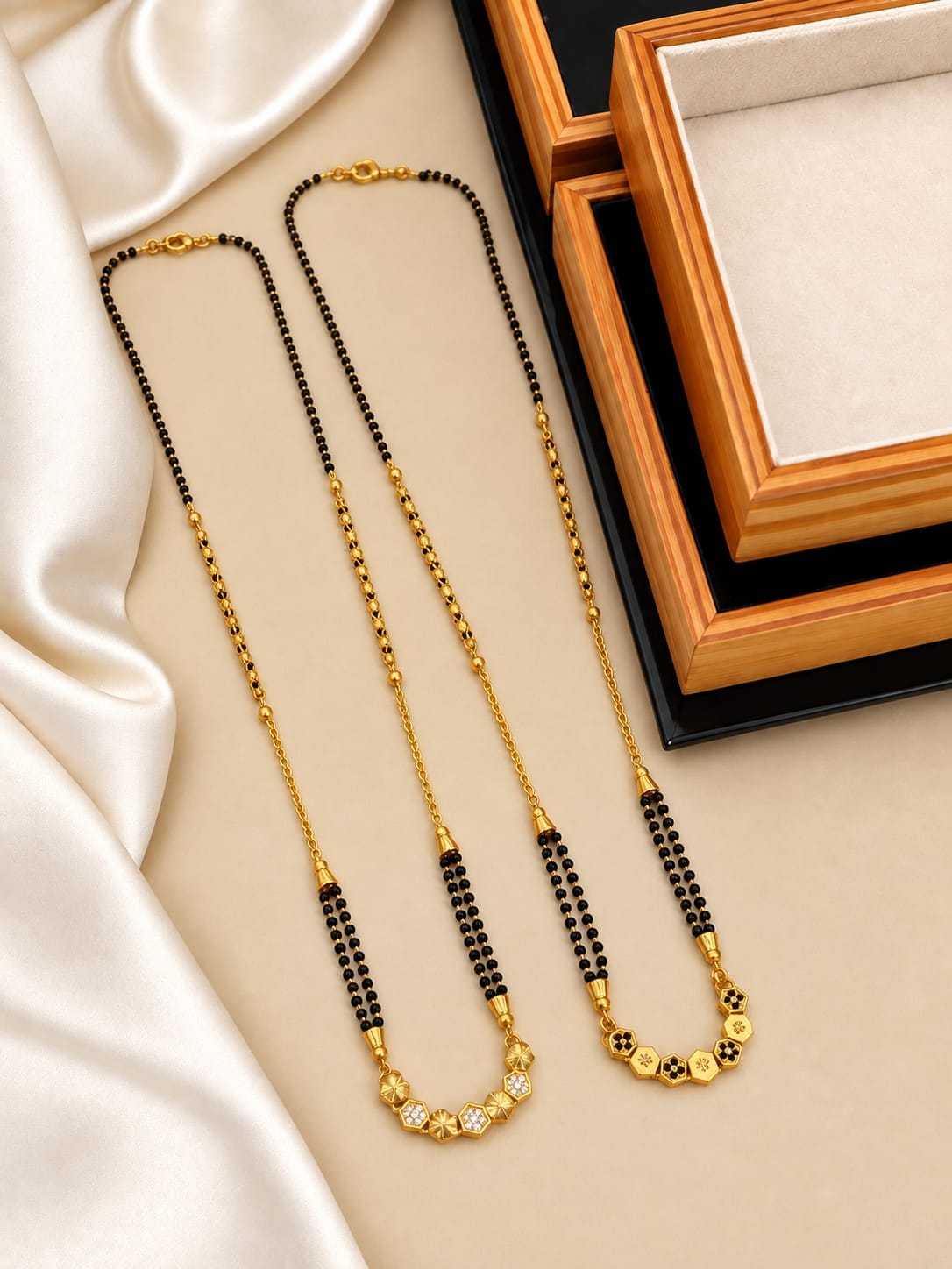 Short Mangalsutra with Linked Floral Discs and Black Bead Lines