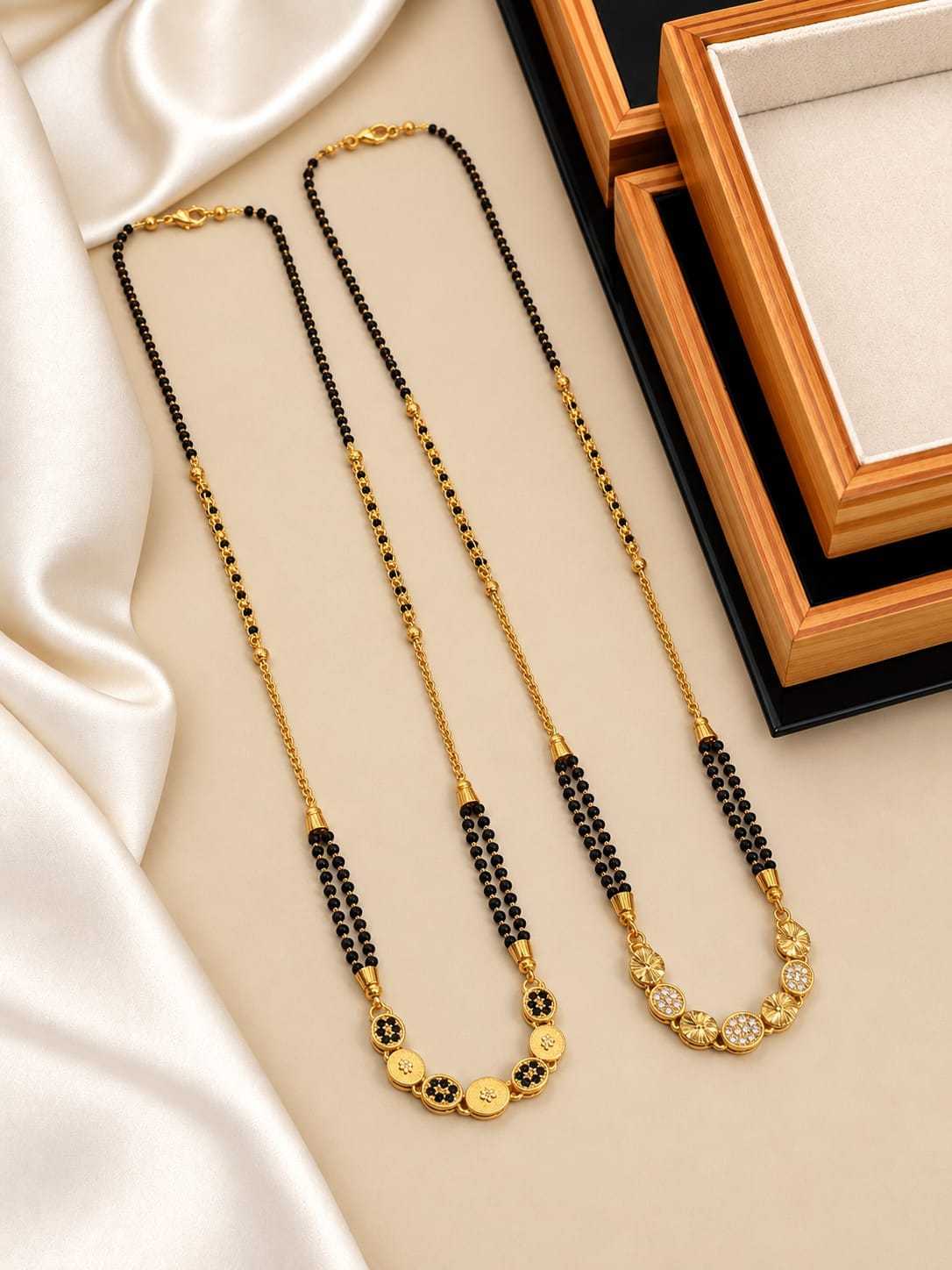 Short Mangalsutra with Linked Floral Discs and Black Bead Lines