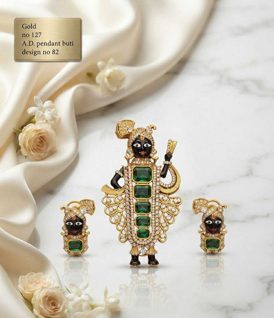 Shrinathji AD Pendant Set with Green Stones and Matching Earrings
