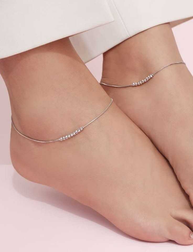 Silver-Tone Delicate Chain Anklet Pair with Bead Cluster