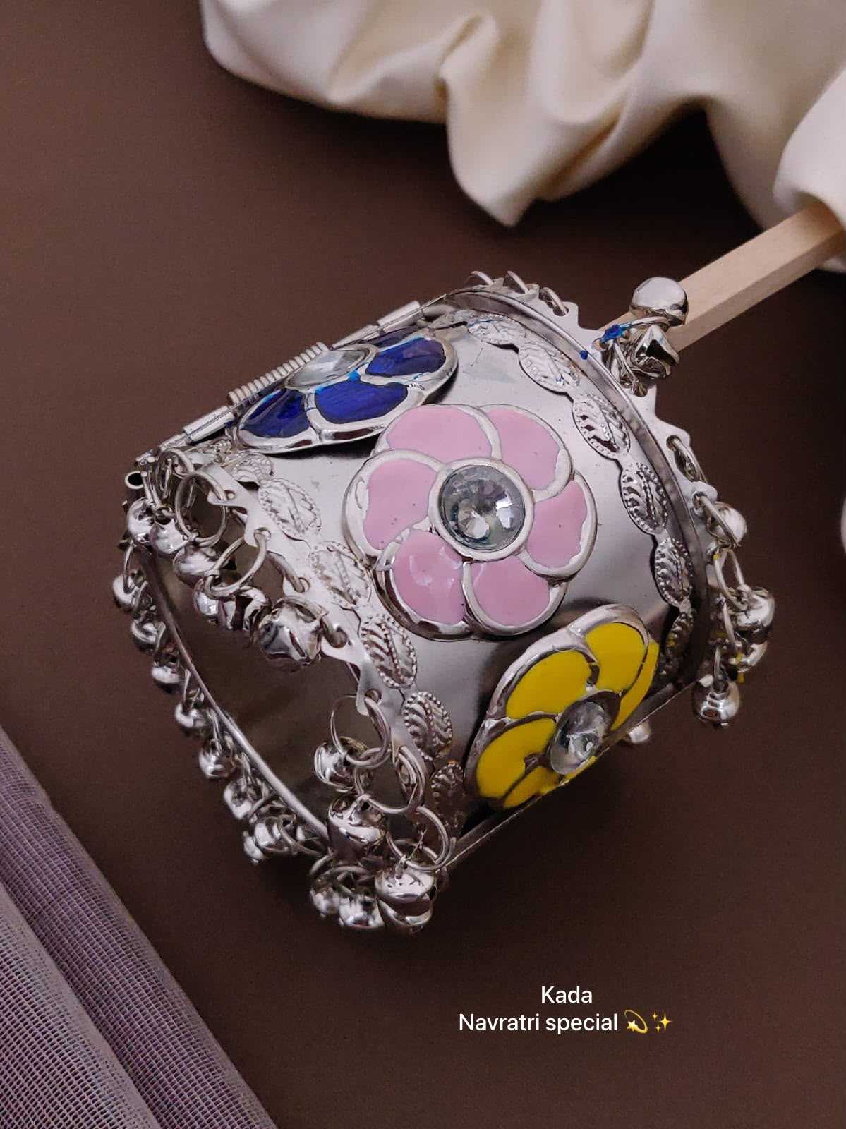 Silver-Tone Enamel Flower Kada with Ghungroo Bells