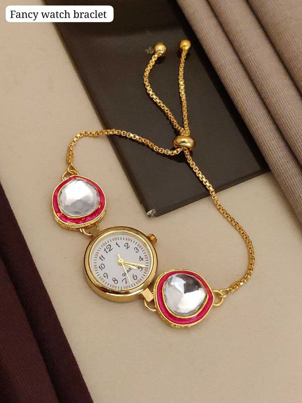 Sliding Chain Bracelet Watch with Kundan and Red Stone Charms