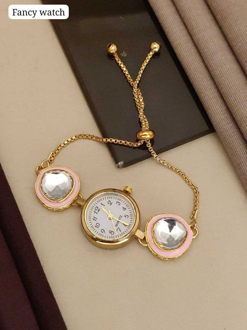 Sliding Chain Bracelet Watch with Kundan and Red Stone Charms