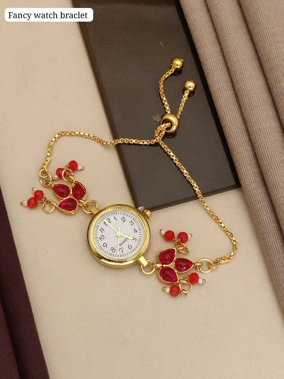 Sliding Chain Bracelet Watch with Kundan and Red Stone Charms
